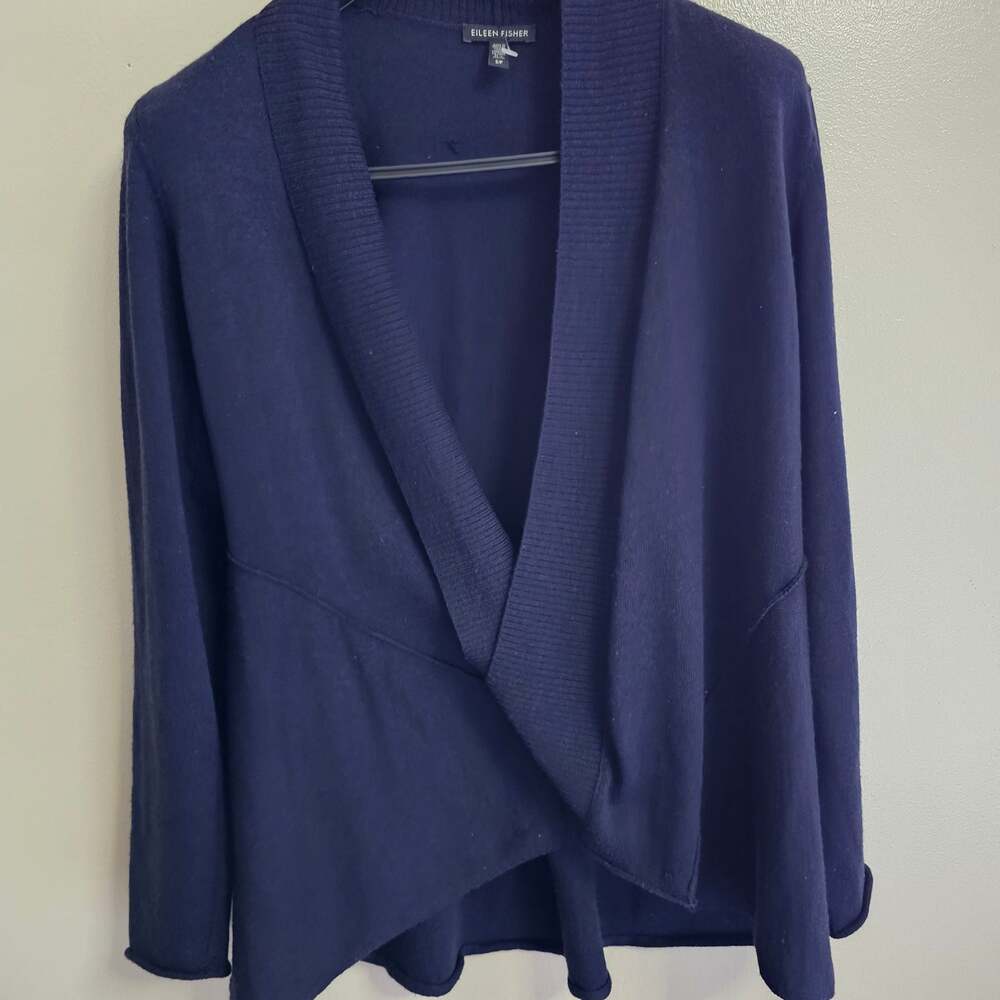 Eileen Fisher Merino Wool Open Front Cardigan Navy SP